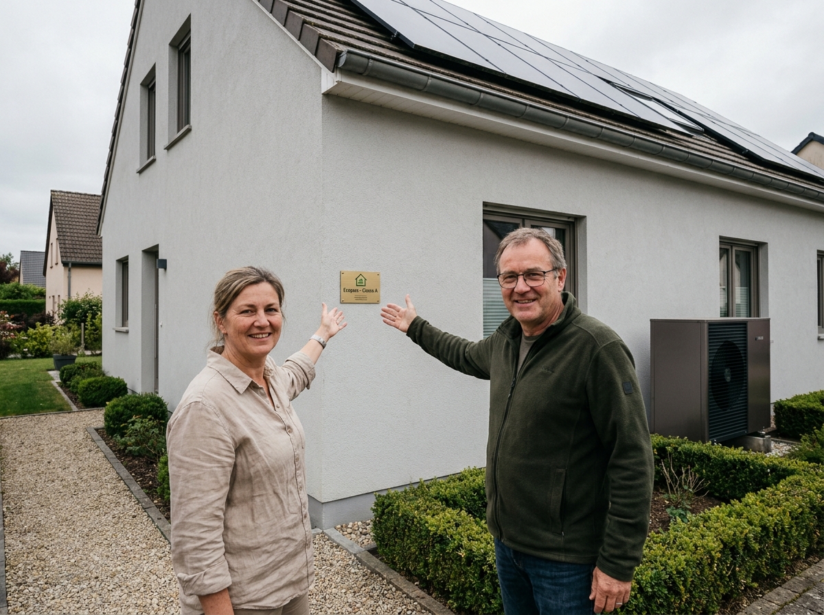 Couple de propriétaires devant leur maison rénovée au Luxembourg avec pompe à chaleur, isolation extérieure et panneaux solaires, tenant un certificat de performance énergétique