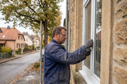 Artisan installant des fenêtres à triple vitrage sur une maison en pierre luxembourgeoise dans le cadre d'une rénovation énergétique