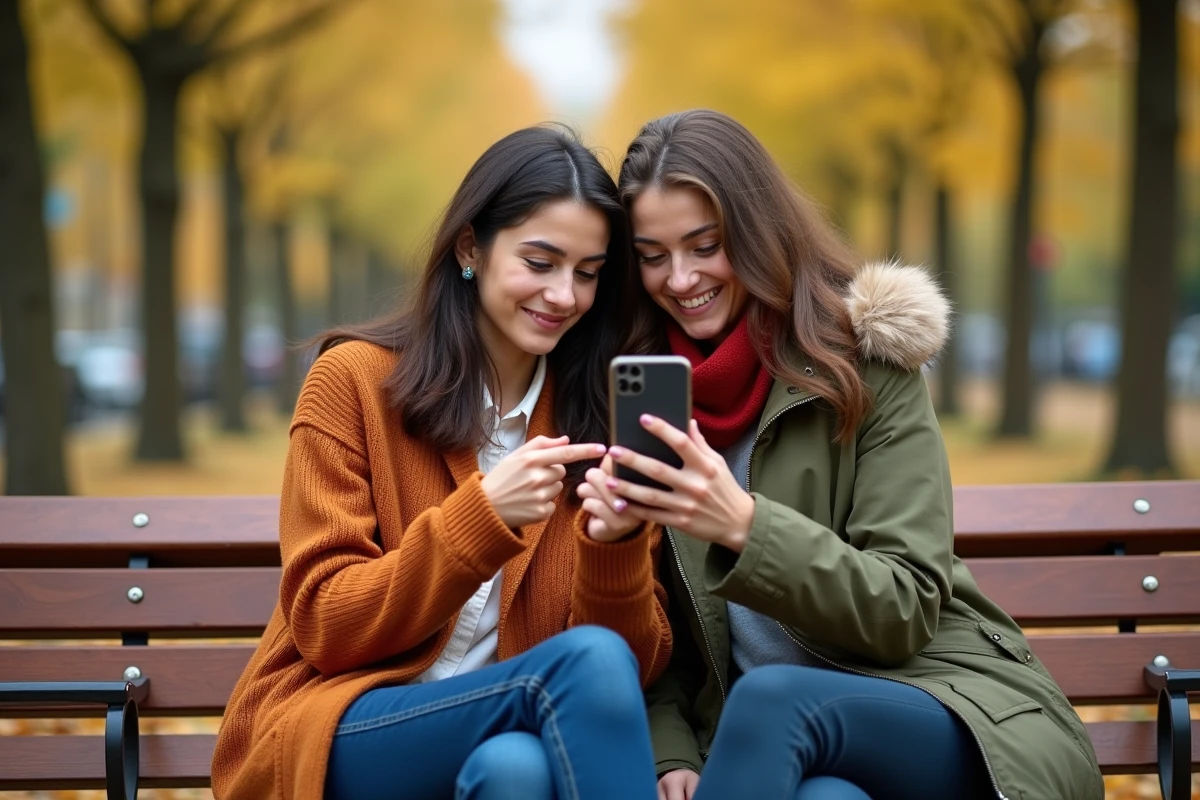 Deux amies riant ensemble devant un GIF d'anniversaire animé sur un smartphone dans un parc en automne
