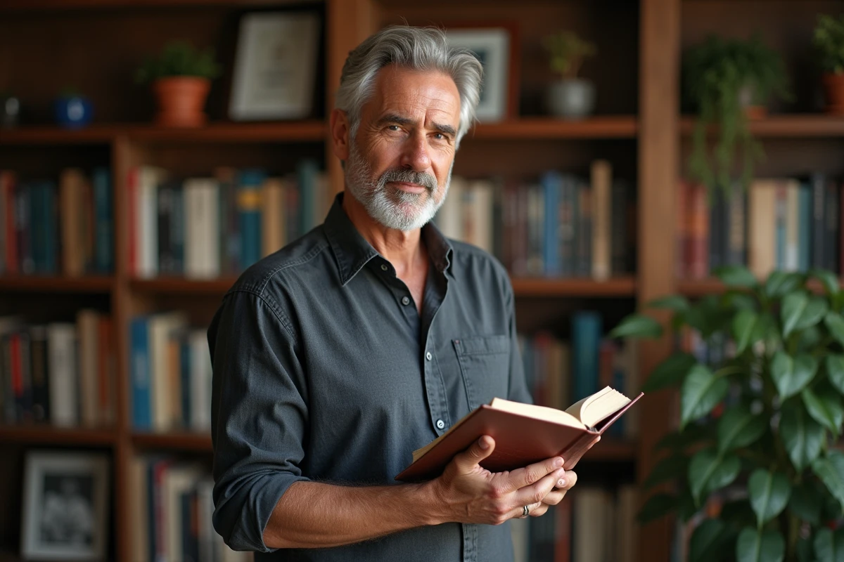 Homme auteur et figure publique dans un bureau littéraire entouré de livres, évoquant le rôle discret d'un partenaire dans la gestion de la notoriété d'une personnalité médiatique