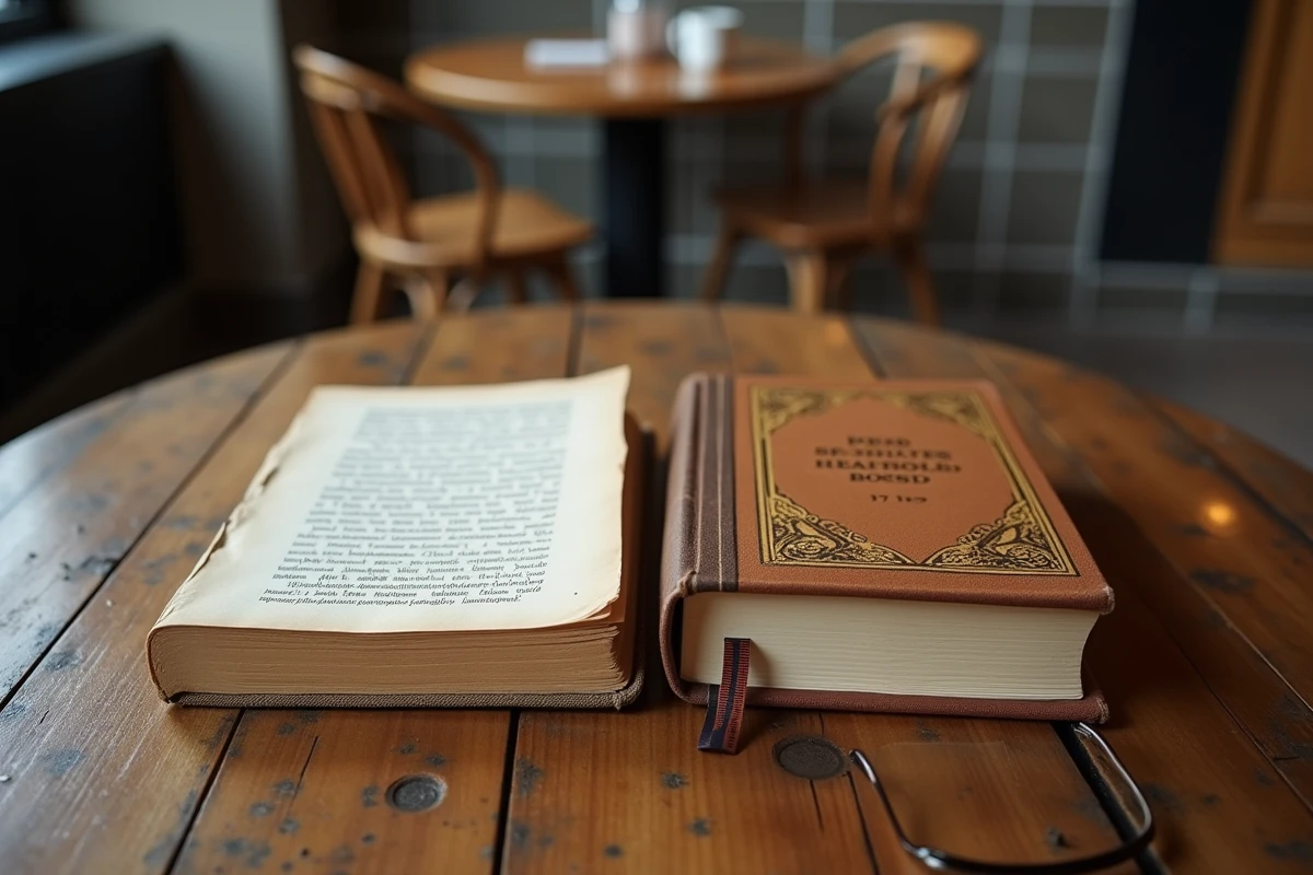 Comparaison côte à côte d'un livre broché usé et d'un livre relié collector sur une table en bois dans un café parisien