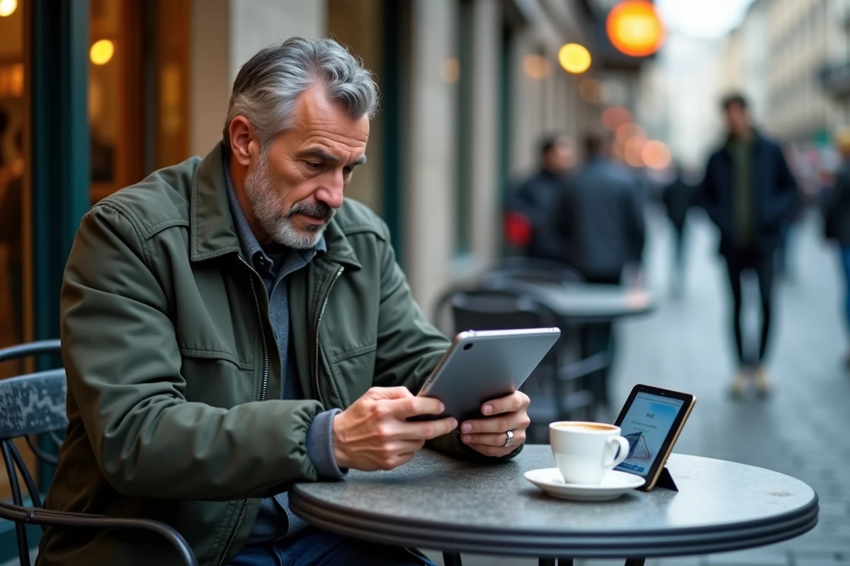 Homme comparant deux smartphones dont un reconditionné Amazon dans un café en terrasse
