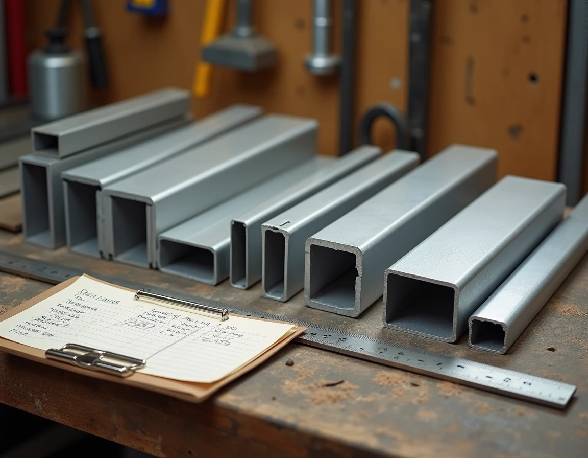 Comparaison de tubes aluminium rectangulaires de différentes tailles posés sur un établi en bois avec une règle et des notes de prix