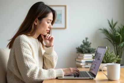 Femme devant un compte à rebours de Noël 2026 affiché sur un ordinateur portable minimaliste dans un bureau épuré