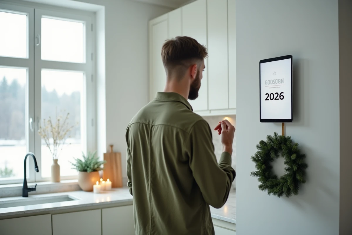 Homme dans une cuisine minimaliste consultant un compte à rebours de Noël 2026 sur une tablette murale