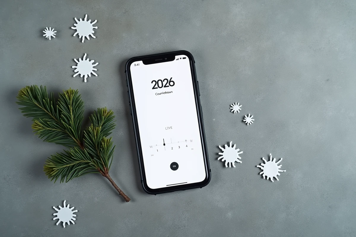 Vue de dessus d'un smartphone affichant un compte à rebours de Noël 2026 minimaliste sur une surface en béton