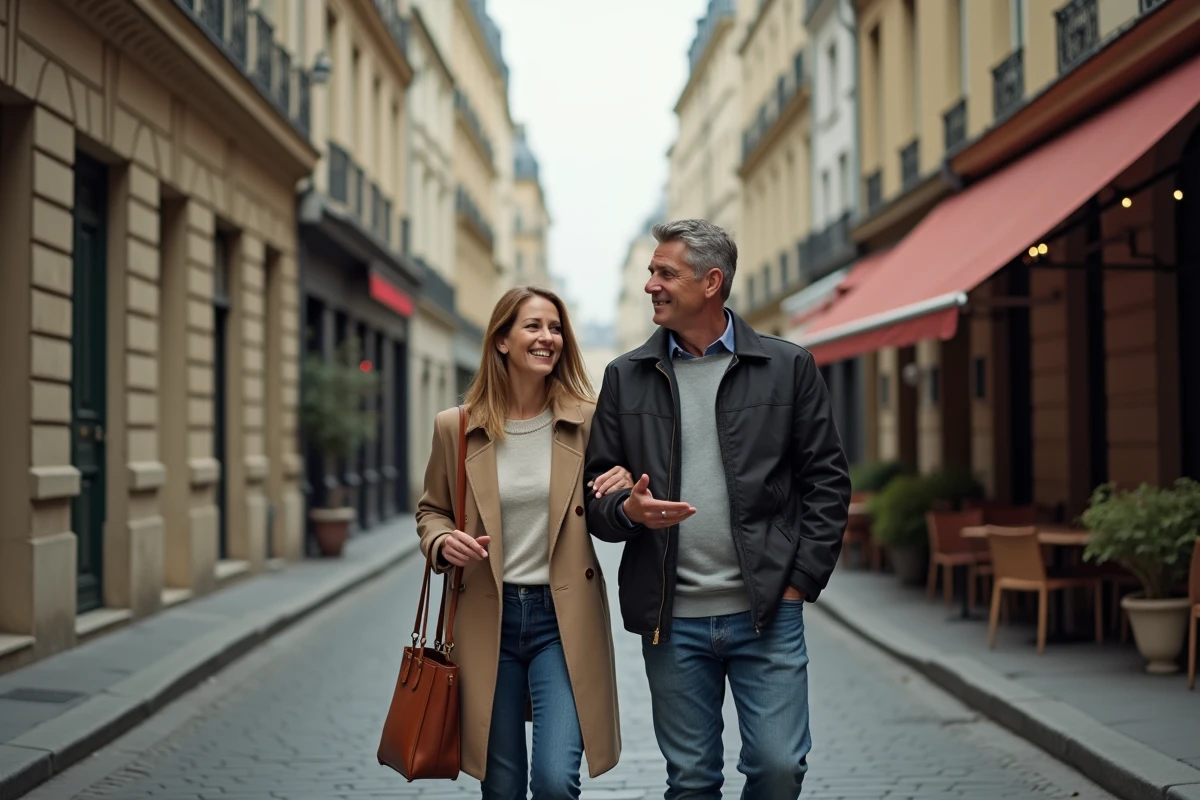 Couple de personnalités publiques se promenant dans une rue parisienne typique, illustrant la vie privée et la complicité entre une présentatrice connue et son partenaire discret