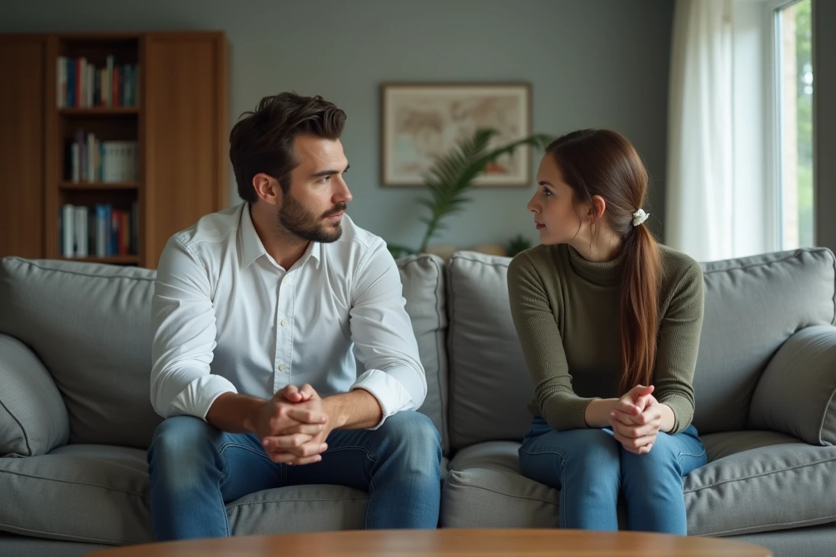 Couple en silence sur un canapé avec distance émotionnelle visible, représentant la rupture de communication dans une relation narcissique