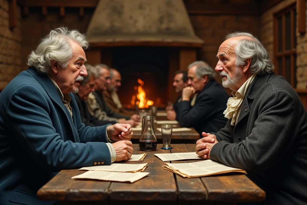 Deux philosophes débattant dans une taverne du XVIIIe siècle, scène allégorique inspirée des dialogues satiriques de Voltaire