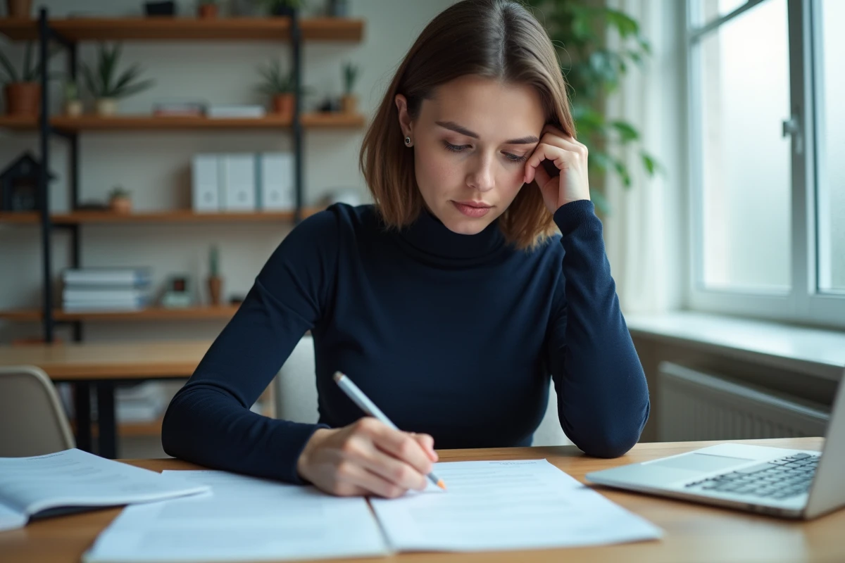Jeune femme concentrée analysant des documents dans un bureau moderne, illustrant l'engagement intellectuel et professionnel d'Emma Watson dans ses nouveaux projets après Harry Potter