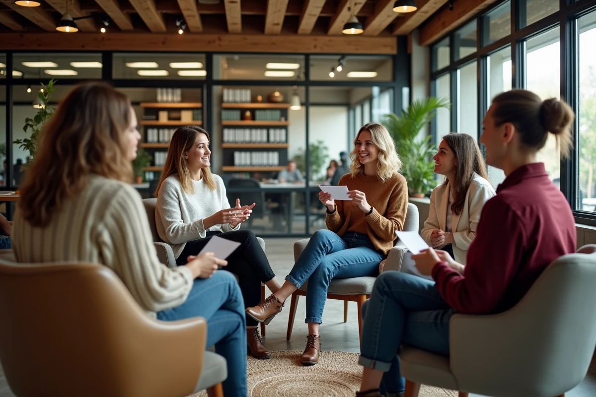 Cinq professionnels assis en cercle dans un espace de coworking moderne participant à une activité de groupe, illustrant les bonnes pratiques pour motiver les équipes aléatoires