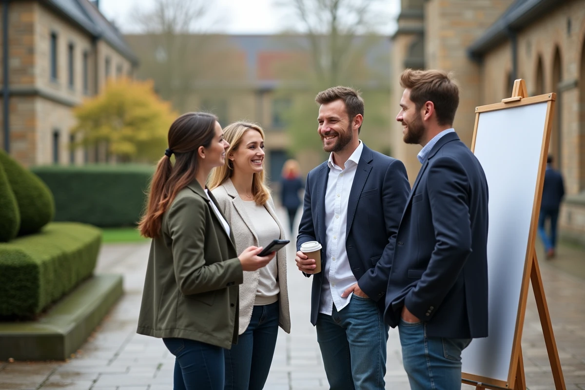 Équipe de quatre adultes en discussion animée devant un tableau blanc en extérieur sur un campus, représentant la dynamique des groupes formés aléatoirement