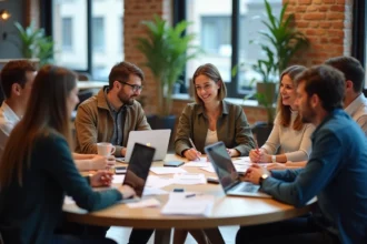 Groupe de collègues diversifiés travaillant ensemble autour d'une table ronde dans un bureau moderne, illustrant la collaboration en équipes aléatoires