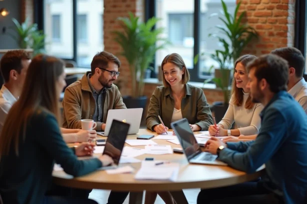 Groupe de collègues diversifiés travaillant ensemble autour d'une table ronde dans un bureau moderne, illustrant la collaboration en équipes aléatoires
