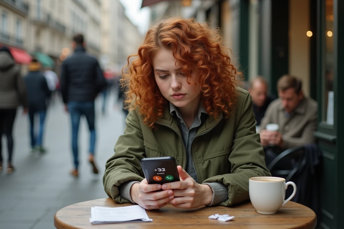 Jeune femme confuse tentant de composer le code international 32 pour la Belgique depuis sa terrasse de café