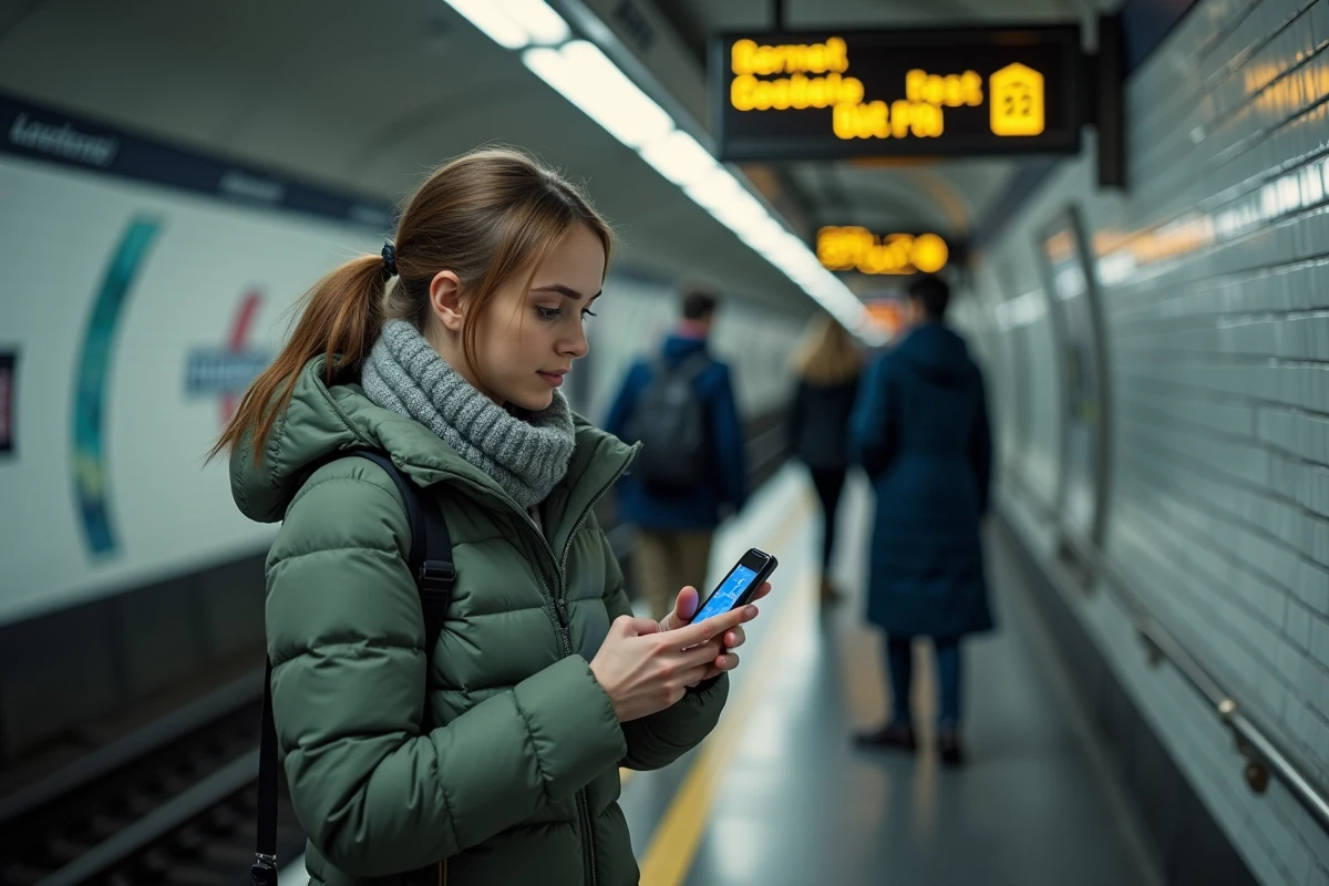 Jeune femme utilisant une application mobile pour consulter le plan du bus 92 dans le métro