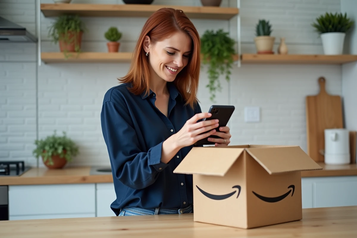 Femme déballant un smartphone reconditionné livré par Amazon dans sa cuisine