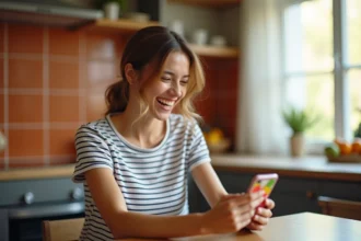 Femme riant devant un GIF d'anniversaire animé sur son smartphone dans une cuisine chaleureuse