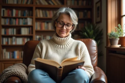Femme lisant un livre broché dans un fauteuil en cuir entourée de bibliothèques en bois, ambiance cosy et studieuse