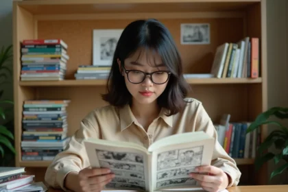Jeune femme lisant un manga et un manhwa coréen à son bureau entouré de volumes de bandes dessinées asiatiques