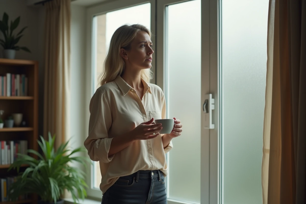 Femme pensive tenant une tasse de thé près d'une fenêtre, illustrant la confusion émotionnelle face au silence d'un partenaire narcissique