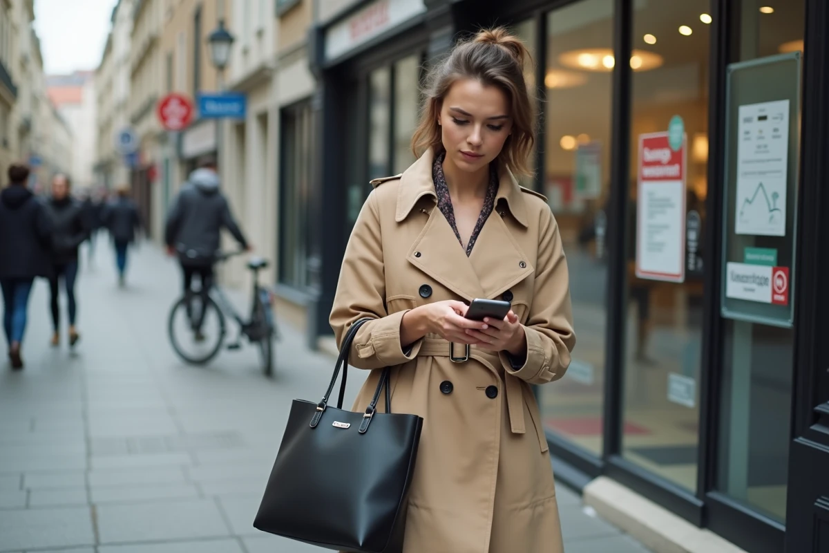 Jeune femme consultant son smartphone devant un point relais Colissimo en ville