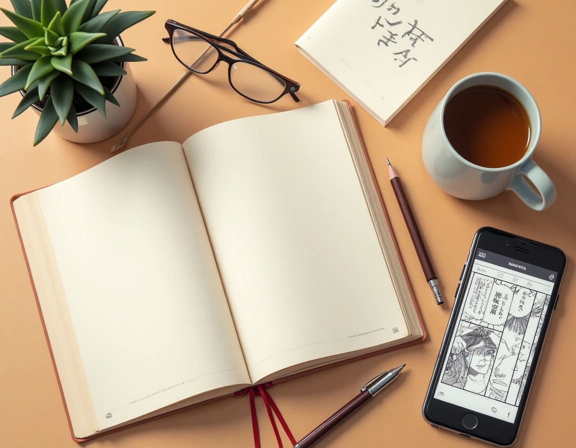 Vue de dessus d'un manga japonais, d'un manhwa coréen et d'un webtoon sur smartphone posés sur une table en bois