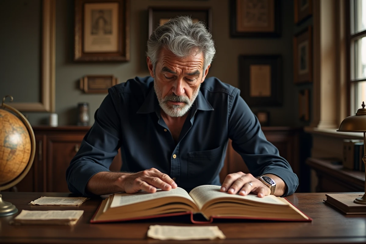 Homme examinant un livre relié de collection à couverture dorée sur un bureau en bois antique dans un bureau studieux