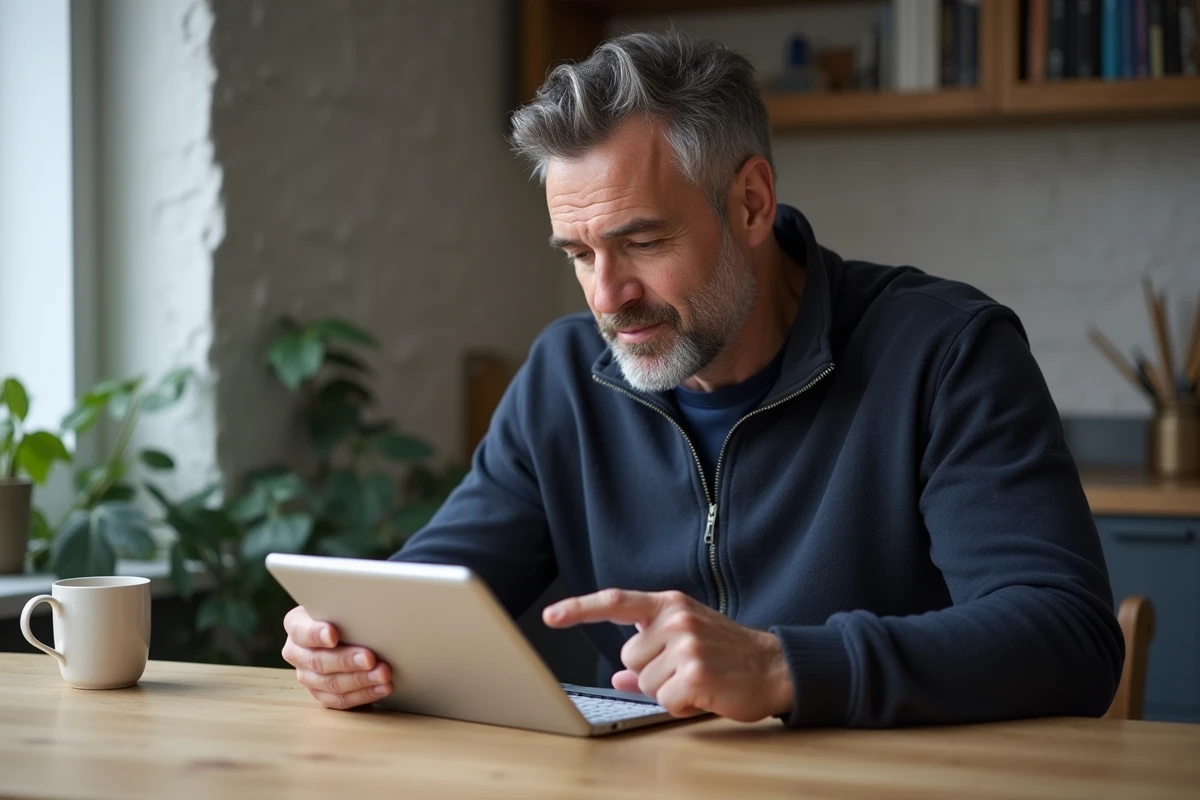 Homme consultant un plan PDF du bus 92 sur une tablette à la maison