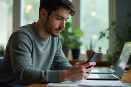 Homme examinant un smartphone reconditionné acheté sur Amazon, assis à son bureau à domicile