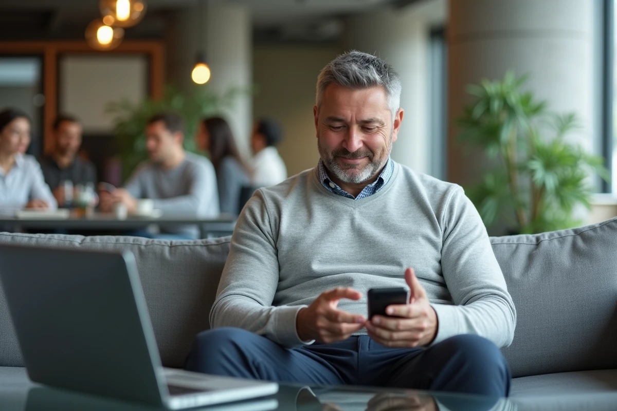 Homme souriant qui envoie un GIF d'anniversaire rigolo par SMS depuis son bureau moderne