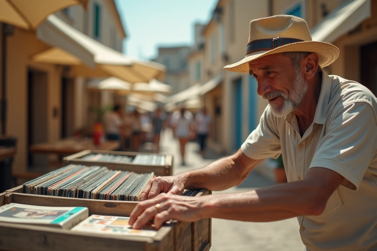 Homme parcourant des vinyles et cartes postales anciennes lors d'un vide grenier en Alpes Maritimes