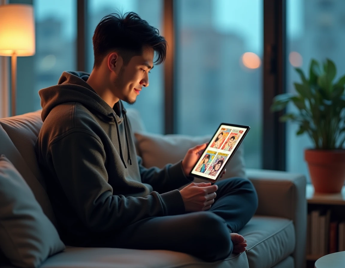 Homme lisant un webtoon sur tablette dans un appartement moderne avec des mangas sur une étagère en arrière-plan