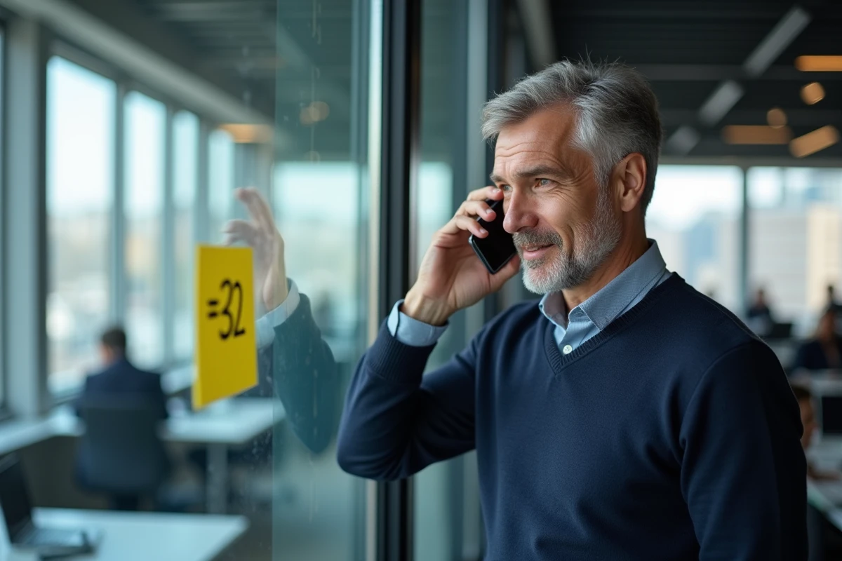 Homme en bureau utilisant l'indicatif +32 pour passer un appel international vers la Belgique