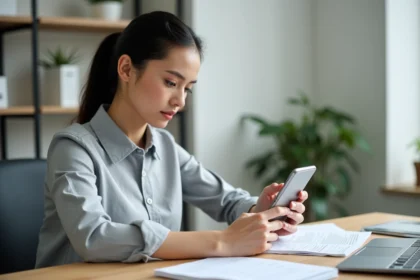 Femme composant un indicatif international 32 pour appeler la Belgique depuis un bureau à domicile