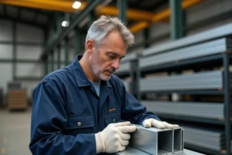 Ouvrier industriel inspectant un tube aluminium rectangulaire dans un entrepôt de profilés métalliques