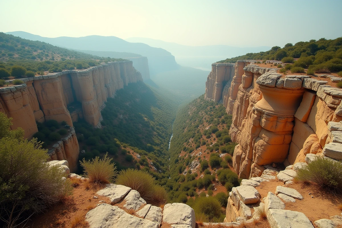 Paysage méditerranéen primordial avec falaises rocheuses et végétation sauvage évoquant la terre mythique de Gaïa