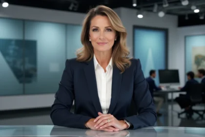 Présentatrice télévision assise au bureau d'un plateau de journalisme télévisé, illustrant la notoriété médiatique d'une personnalité publique française