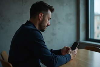 Homme assis seul ignorant son téléphone dans un appartement froid, symbolisant le silence calculé d'un narcissique