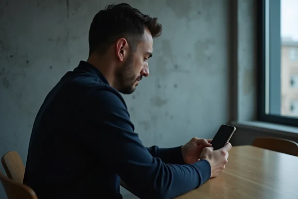 Homme assis seul ignorant son téléphone dans un appartement froid, symbolisant le silence calculé d'un narcissique