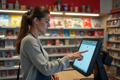 Femme vérifiant la disponibilité d'un relais Colissimo sur une borne interactive dans un bureau de tabac