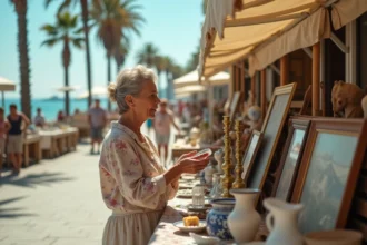 Vide grenier en bord de mer sur la Côte d'Azur entre Nice et Cannes avec stands de brocante et mer en arrière-plan
