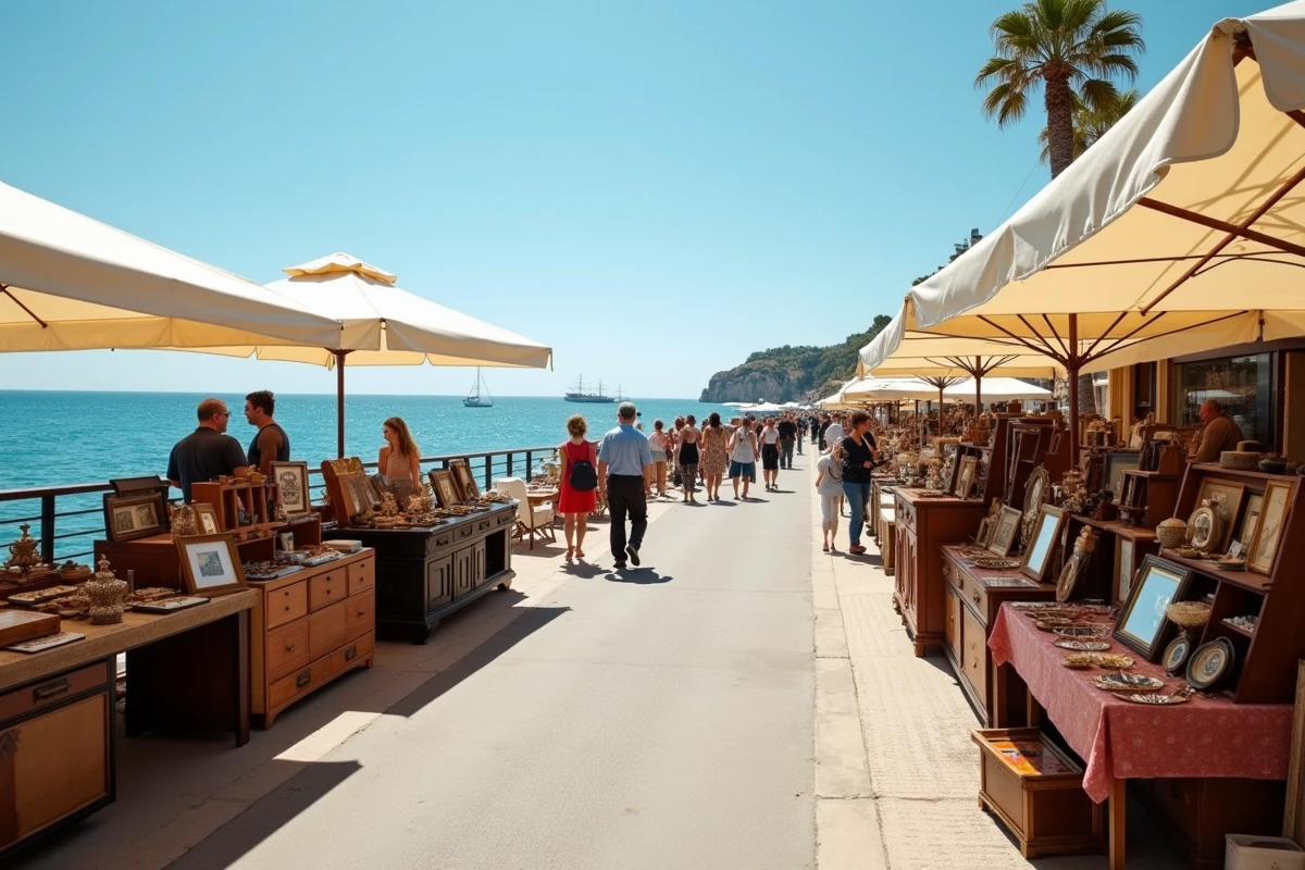 Vue panoramique d'un vide grenier animé sur une esplanade en bord de mer entre Nice et Cannes