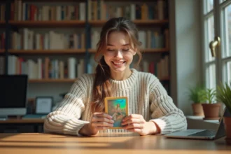 Jeune femme tenant une carte Couronne Stellaire holographique devant un bureau en bois dans un bureau à domicile chaleureux