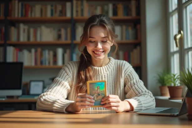 Jeune femme tenant une carte Couronne Stellaire holographique devant un bureau en bois dans un bureau à domicile chaleureux