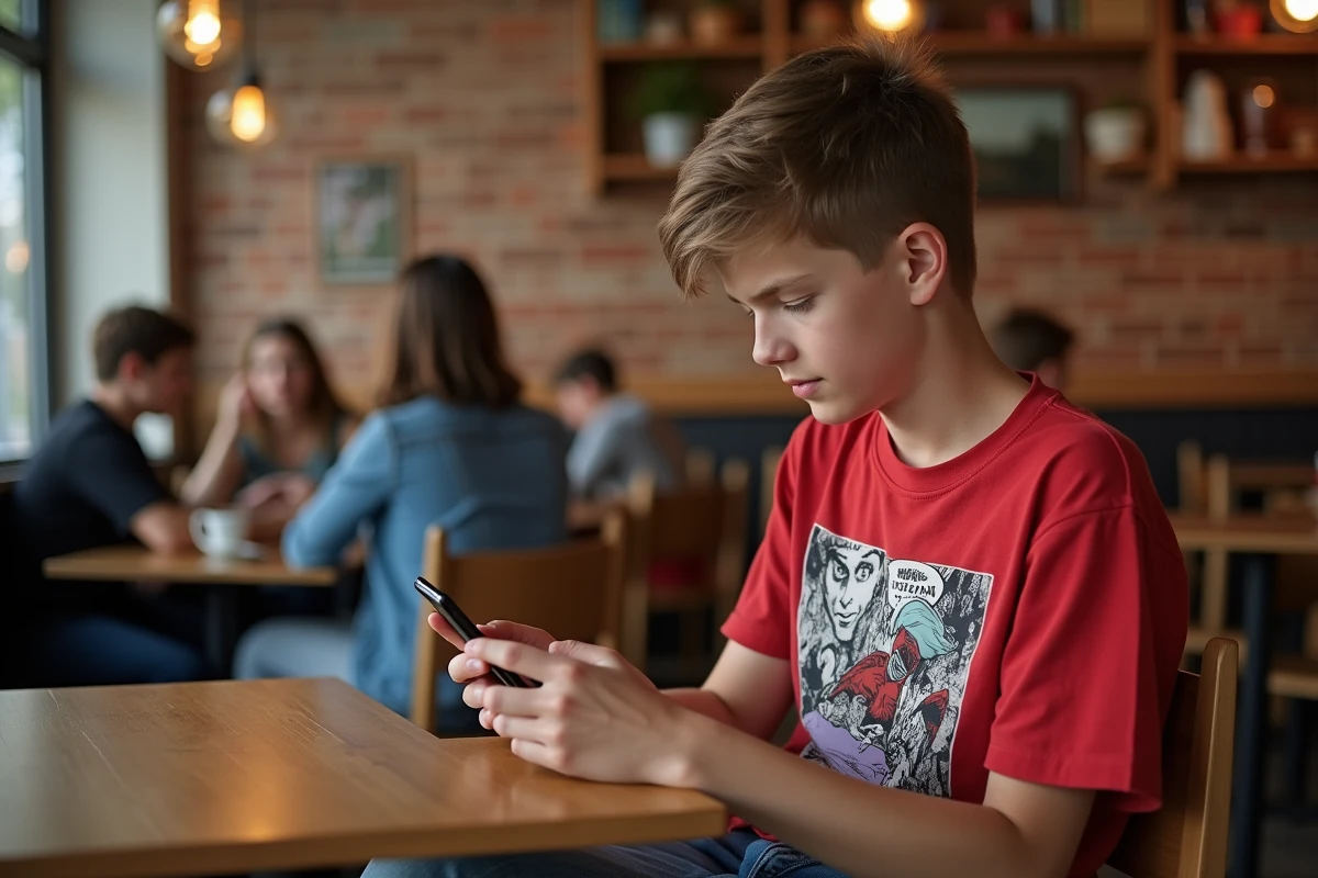 Adolescent consultant une application de lecture manga sur smartphone dans un café urbain à l'atmosphère décontractée
