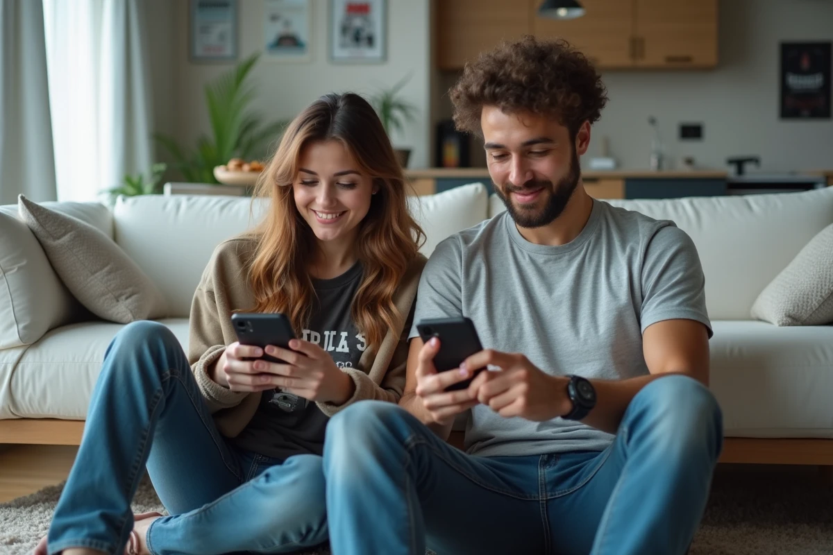 Deux amis geeks partageant des articles de blog sur leurs smartphones dans un appartement moderne