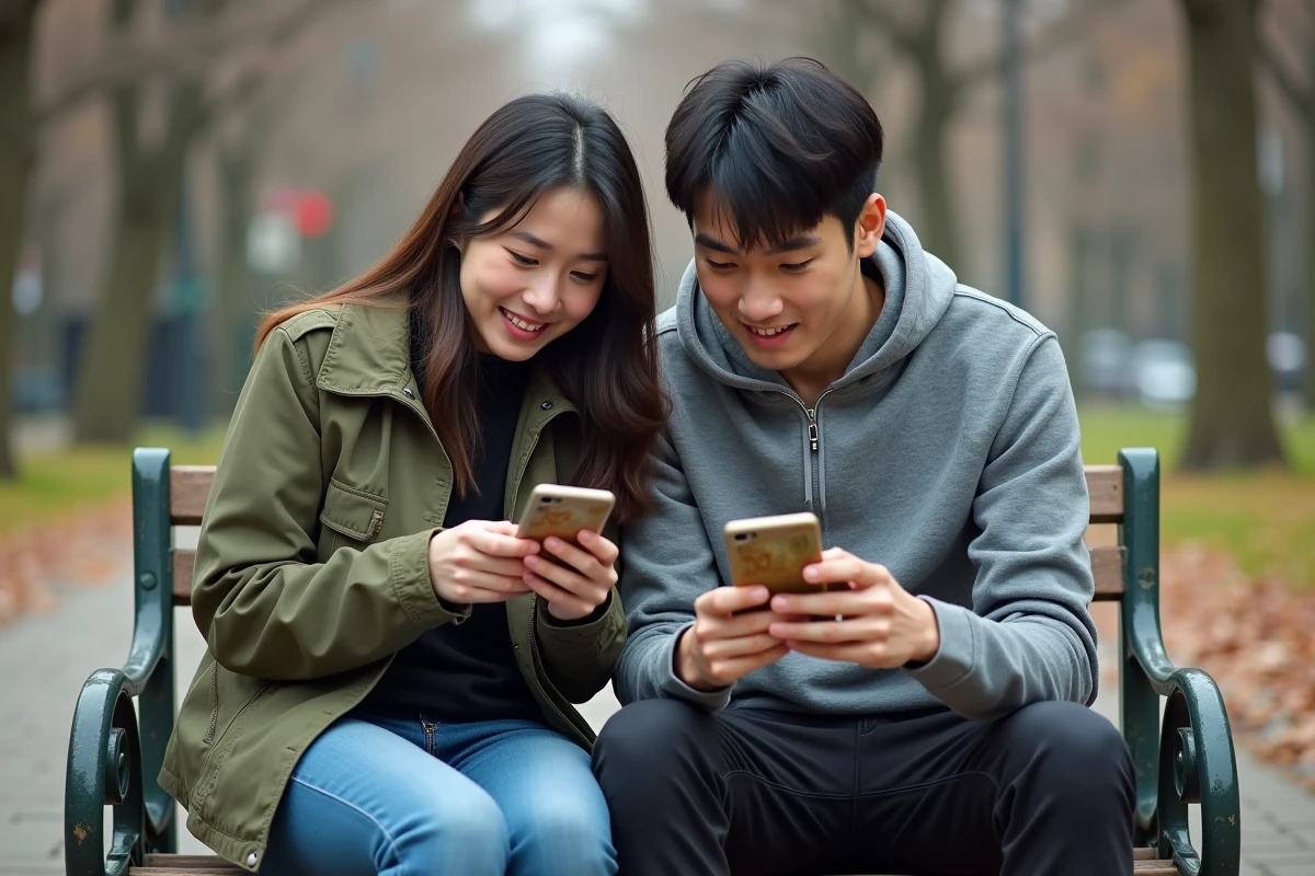 Deux amis lisant des scans manga gratuits sur smartphone dans un parc en automne