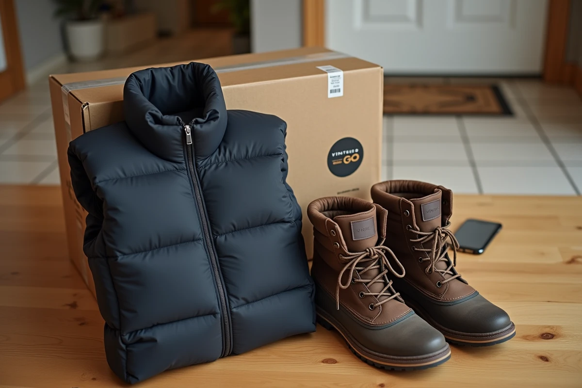 Manteau puffer et boots d'hiver posés à côté d'un colis Vinted Go prêt à être déposé en casier