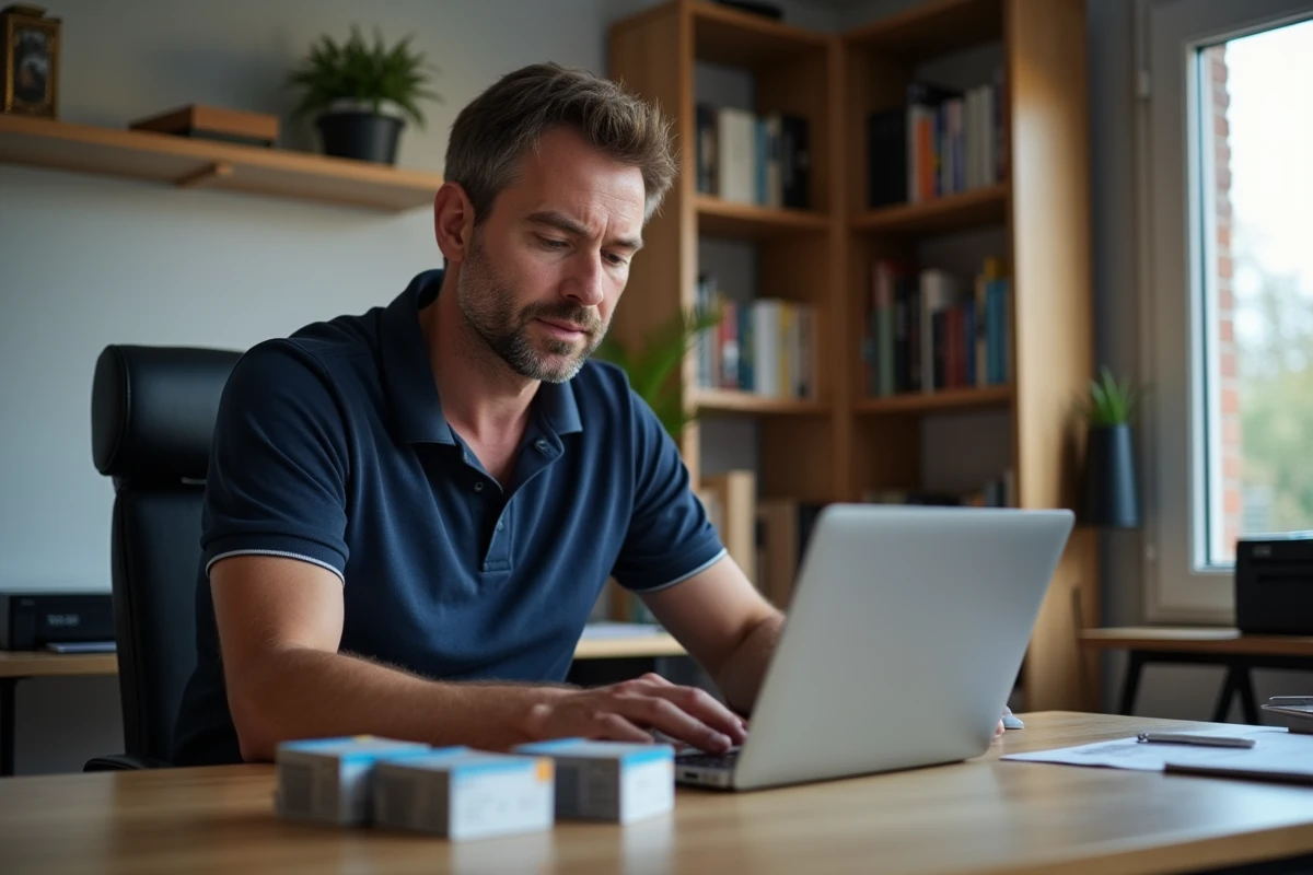 Homme comparant les prix de cartouches d'encre en ligne depuis son bureau à domicile au Luxembourg